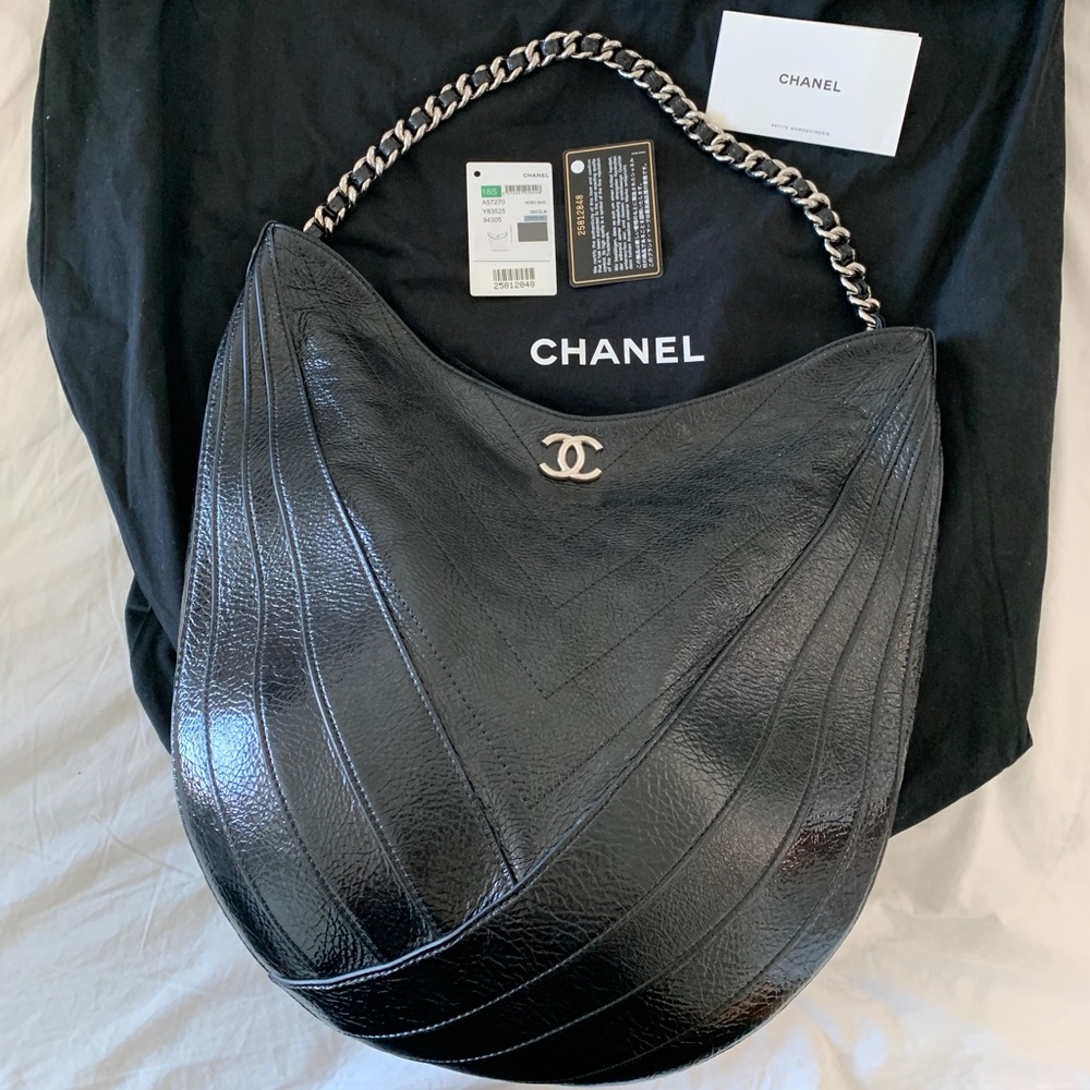 Black deer skin crumbled patent Chanel hobo bag with silver hardware.